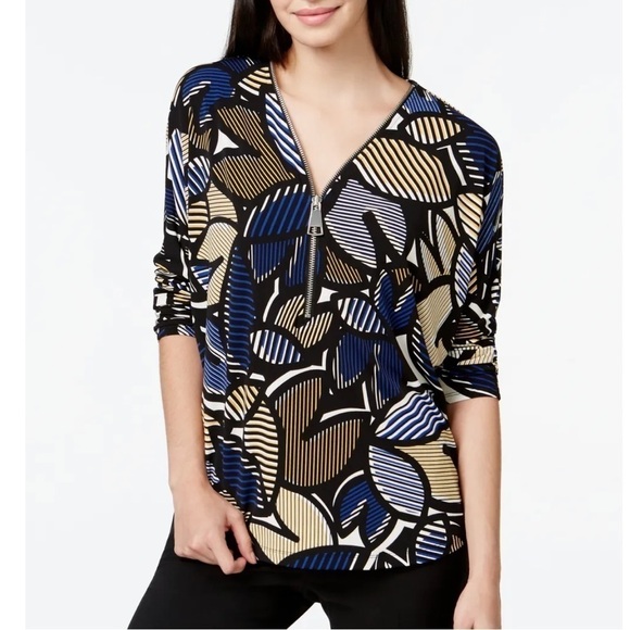 Nwot ALFANI Size 0X Bold Pattern 3/4 Dolman Sleeve Zip Front Professional Top - Picture 1 of 8